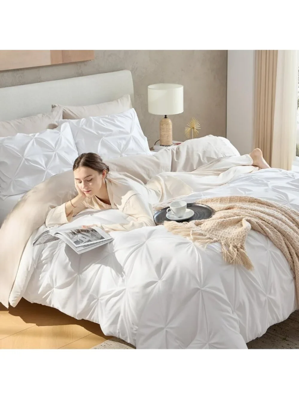 Luxurious Queen White Pinch Pleat Comforter Set - 3 Piece Bedding Ensemble